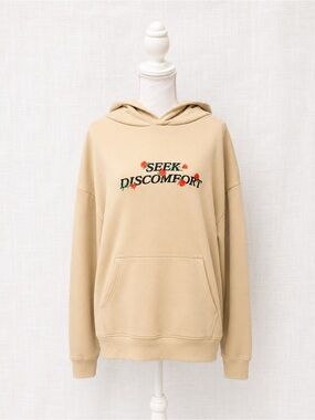 Seek Discomfort Beige Hoodie with Floral Embroidery